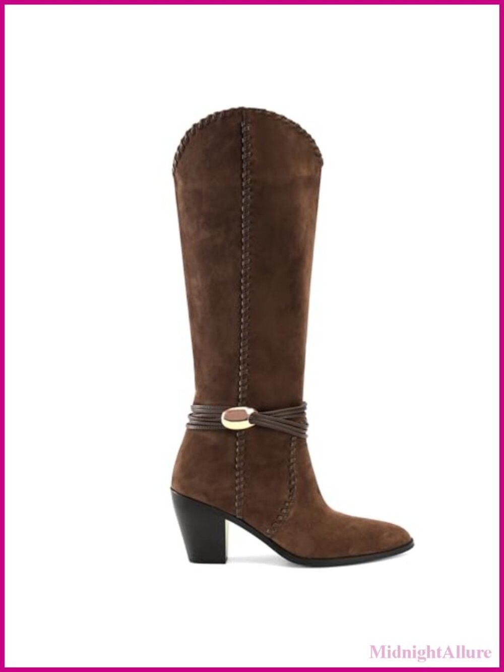 Faux Suede Knee High Cowboy Boots Pointed Toe Chunky Heel Western